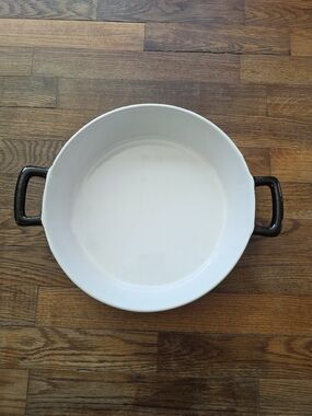 White Stoneware Casserole Dish with Black Handles